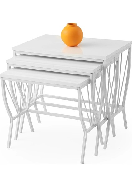Ahşap 3 Lü Zigon Sehpa Beyaz Metal Ayaklı Beyaz