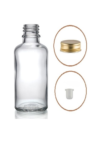 30 ml Şeffaf Şişe Sarı Metal Düz Kapaklı, 24 Adet, Cam Şişe, Kozmetik Şişesi