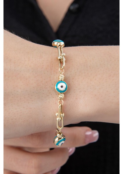 14 Ayar Altın Nazar Boncuklu Topçuk Ataç Zincir Bileklik