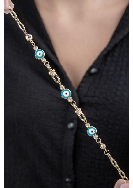 14 Ayar Altın Nazar Boncuklu Topçuk Ataç Zincir Bileklik modelleri