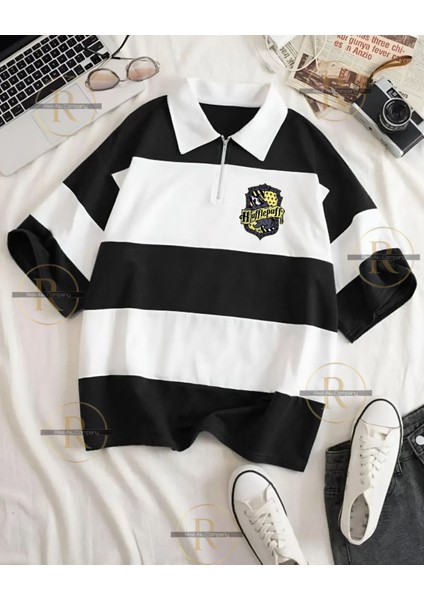 Erkek ve Kadın Yarım Fermuarlı Polo Yaka Oversize T-Shirt - Harry Potter Evleri Tasarımlı