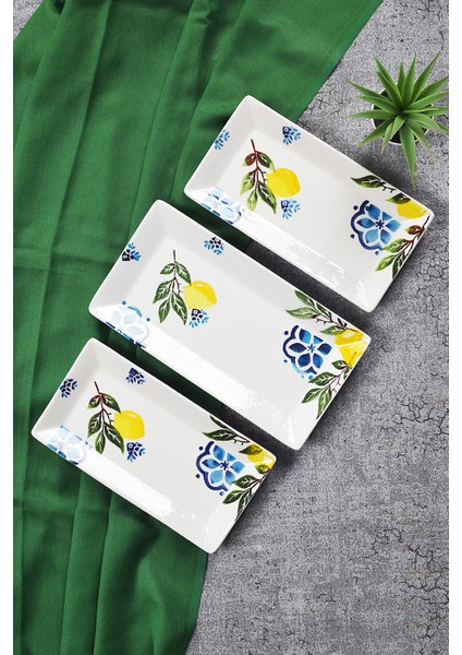 3’lü Limon Desen Handmade Seramik Kahvaltı Salata Sunum Çerezlik Seti Kayık Tabak Seti