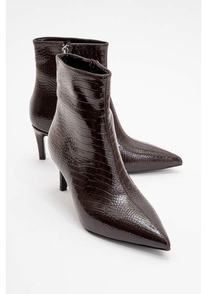 Noya Kahverengi Baskı Sivri Burun Kadın Ince Topuklu Bot