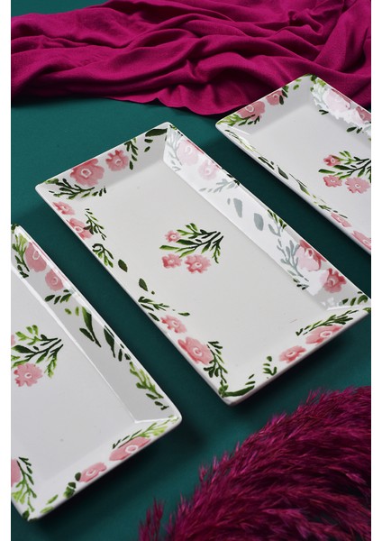 3’lü Bahar Desen Handmade Seramik Kahvaltı Salata Sunum Çerezlik Seti Kayık Tabak Seti