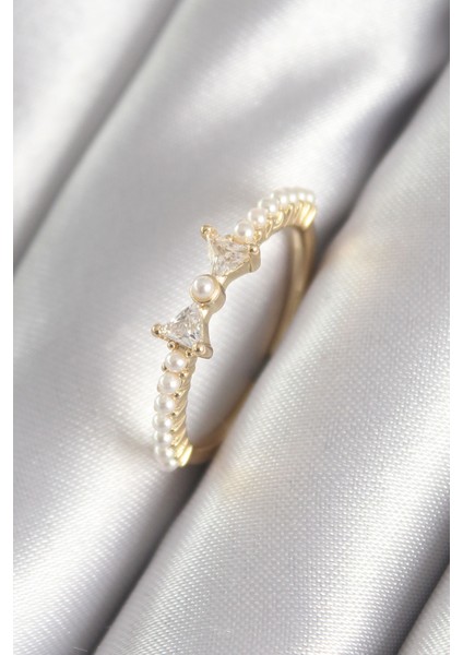 Pirinç Gold Renk Zirkon Taşlı Kurdele Inci Detay Kadın Yüzük - Lisinya