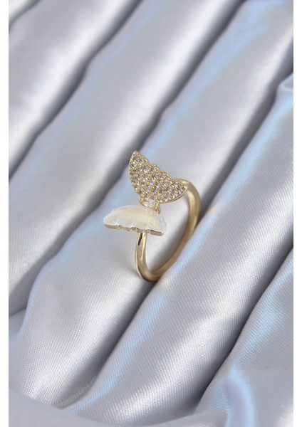 Gold Renk Zirkon Taş Detay Pirinç Kadın Yüzük - Lisinya