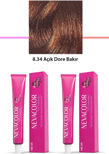 2 Li Set Premium 8.34 Açık Dore Bakır - Kalıcı Krem Saç Boyası 2 x 50 g Tüp