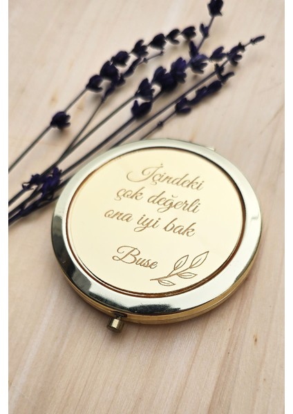 İsme Özel Gold Makyaj Aynası Kapaklı Metal Cep Aynası