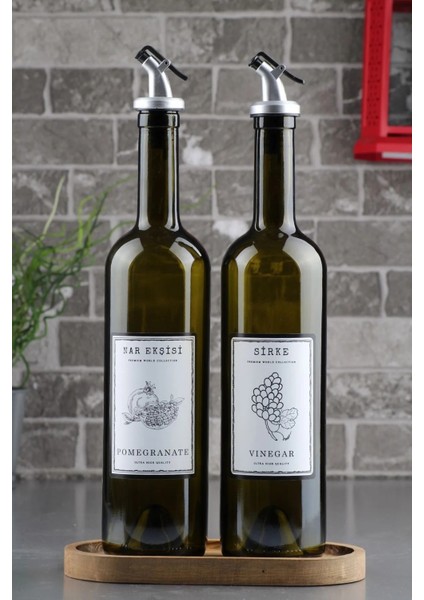 Marasca Ahşap Stantlı Sirke ve Nar Ekşisi Şişesi Set Siyah 750 ml 2'li