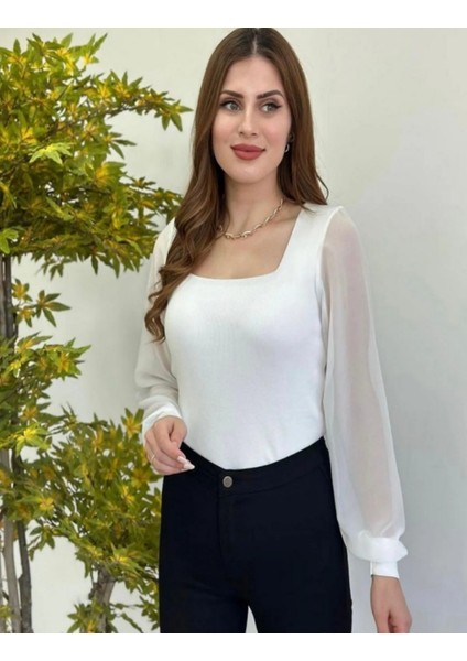 Kare Yaka Ara Beden Kollar Şifon Bluz 12535