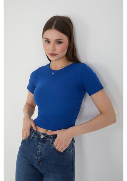 Kadın Bisiklet Yaka Fitilli Kısa Kol Body Crop Bluz