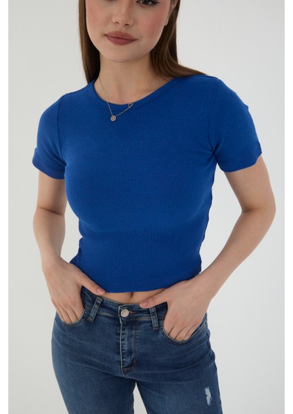 Kadın Bisiklet Yaka Fitilli Kısa Kol Body Crop Bluz modelleri