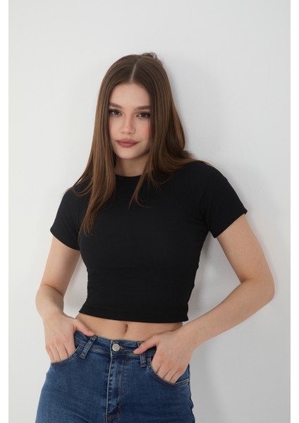 Kadın Bisiklet Yaka Fitilli Kısa Kol Body Crop Bluz