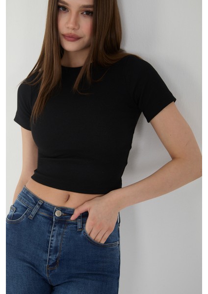 Kadın Bisiklet Yaka Fitilli Kısa Kol Body Crop Bluz fiyatları