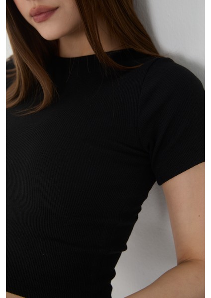 Kadın Bisiklet Yaka Fitilli Kısa Kol Body Crop Bluz modelleri