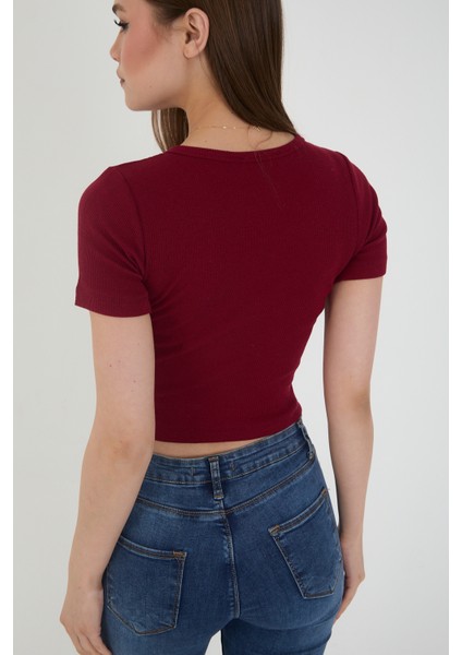 Kadın Bisiklet Yaka Fitilli Kısa Kol Body Crop Bluz modelleri