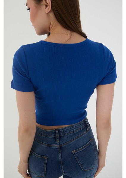Kadın Bisiklet Yaka Fitilli Kısa Kol Body Crop Bluz indirimleri