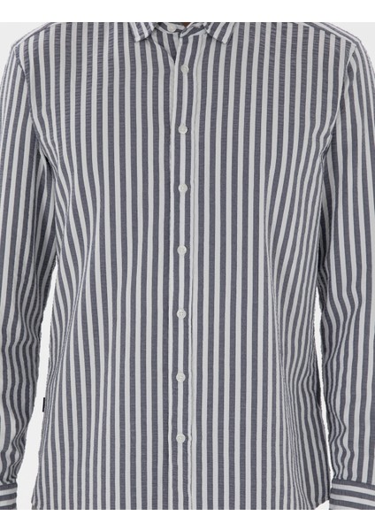 Erkek Lacivert Regular Fit Çizgili Uzun Kollu Gömlek 50301533-VR033