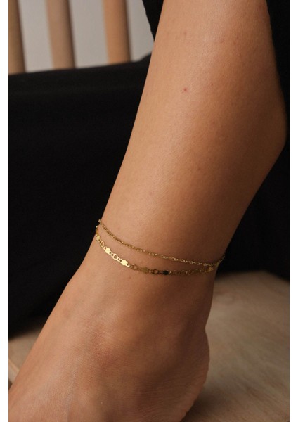 Çelik 2'li Kombin Dokulu Fermuar ve Pullu Plaka Zincir Halhal Minimal Kararmaz 22+4cm