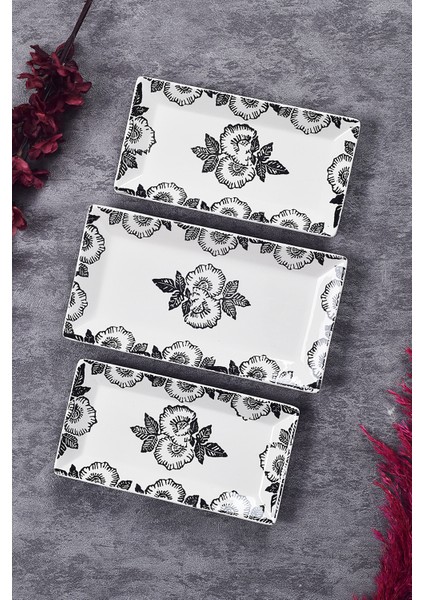 3’lü Black Rose Desen Handmade Seramik Kahvaltı Salata Sunum Çerezlik Seti Kayık Tabak Seti