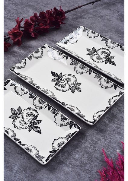 3’lü Black Rose Desen Handmade Seramik Kahvaltı Salata Sunum Çerezlik Seti Kayık Tabak Seti