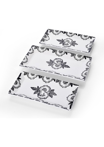 3’lü Black Rose Desen Handmade Seramik Kahvaltı Salata Sunum Çerezlik Seti Kayık Tabak Seti