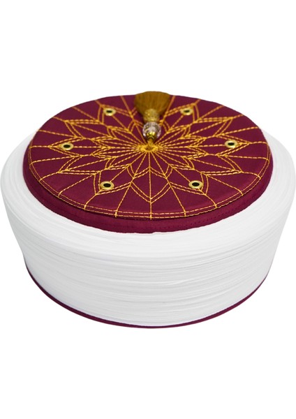 Imam Sarığı-Beyaz Kumaş-Bordo Takke-Düz Sarım-Kuş Gözlü-5 Metre