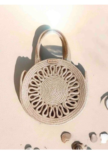El Yapımı Doğal Yuvarlak Jüt Hasır Çanta Halat Çanta - 25 cm