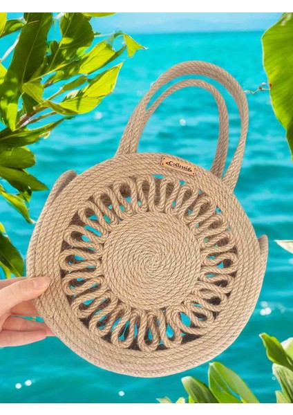 El Yapımı Doğal Yuvarlak Jüt Hasır Çanta Halat Çanta - 25 cm