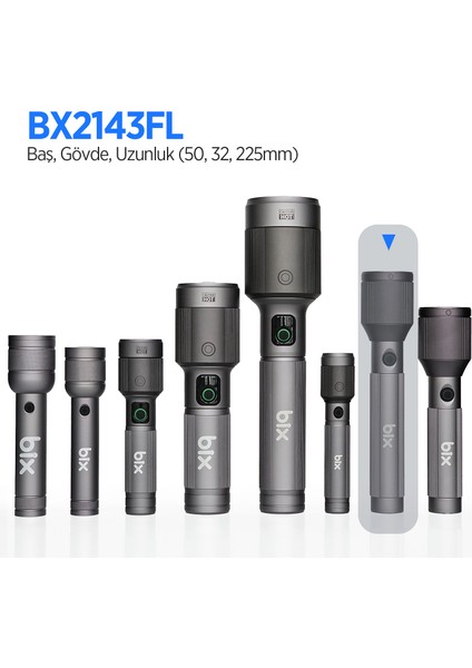 Flashlight BX2143FL 24W Led, Max. 1100 Lümen Parlaklık ve 950 Metreye Kadar Menzilli, Zoom Özellikli Şarj Edilebilir Çok Modlu Kompakt El Feneri