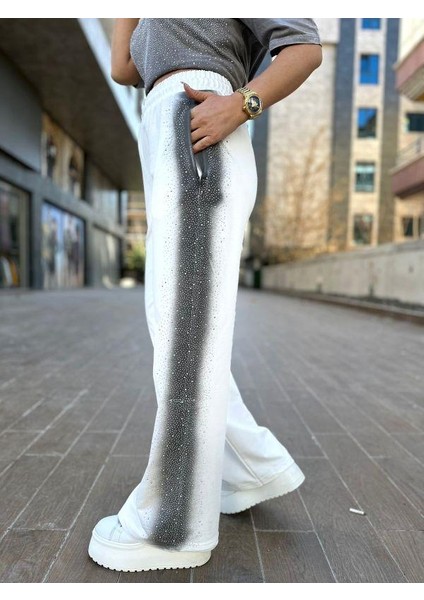 7164 Yanı Taşlı Pantolon Beyaz
