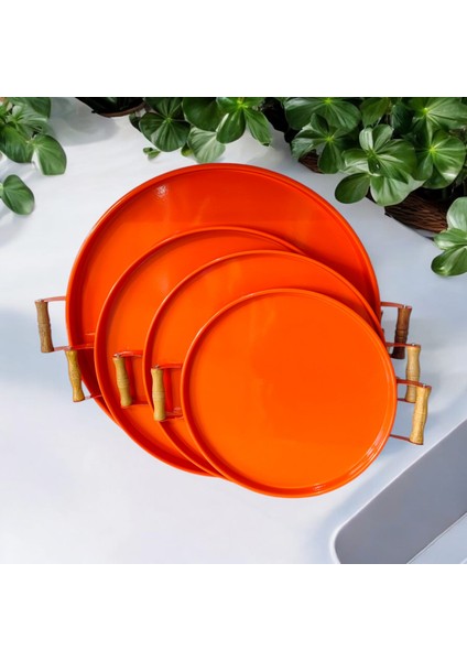 Ahşap Kulplu Metal Tepsi Çay Tepsisi 4'lü (50, 40, 37, 30 Cm) Kahve Tepsisi Sunum Tepsi Seti