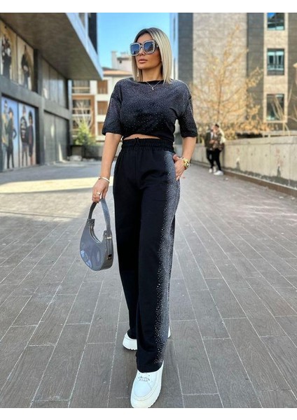 7164 Yanı Taşlı Pantolon Siyah