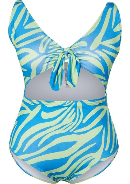 Büyük Beden Atma Kap Suya Askılı Derin V Yaka Bağlama Detaylı Floral Desenli Mayo