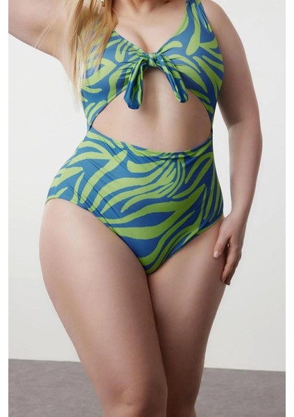 Büyük Beden Atma Kap Suya Askılı Derin V Yaka Bağlama Detaylı Floral Desenli Mayo modelleri