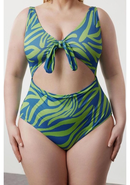 Büyük Beden Atma Kap Suya Askılı Derin V Yaka Bağlama Detaylı Floral Desenli Mayo fırsatları