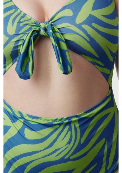 Büyük Beden Atma Kap Suya Askılı Derin V Yaka Bağlama Detaylı Floral Desenli Mayo indirimleri