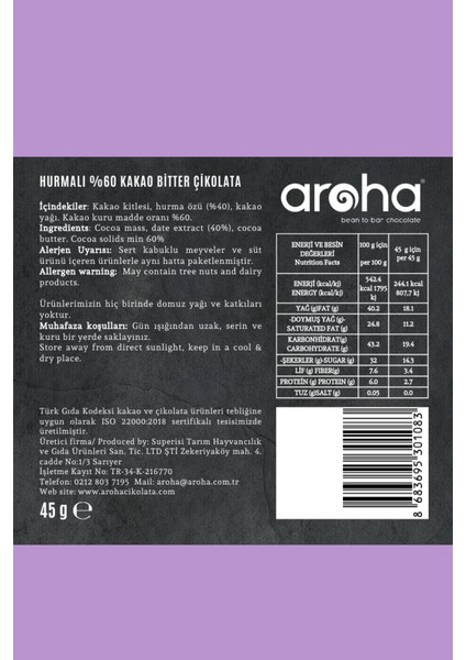 Şeker İlavesiz Hurmalı Bitter Çikolata %60 Kakao 45 Gr