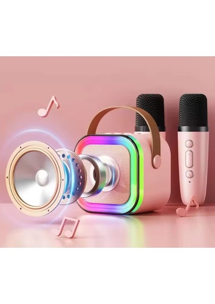 Kareoke Mikrofonu Hoparlör Çift Mikrofon Seti Rgb Işıklı