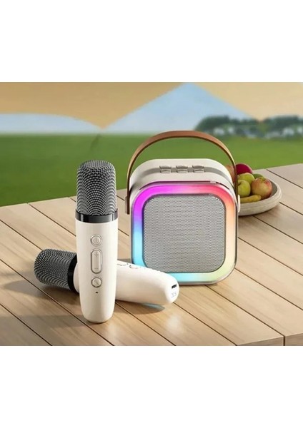 Kareoke Mikrofonu Hoparlör Çift Mikrofon Seti Rgb Işıklı