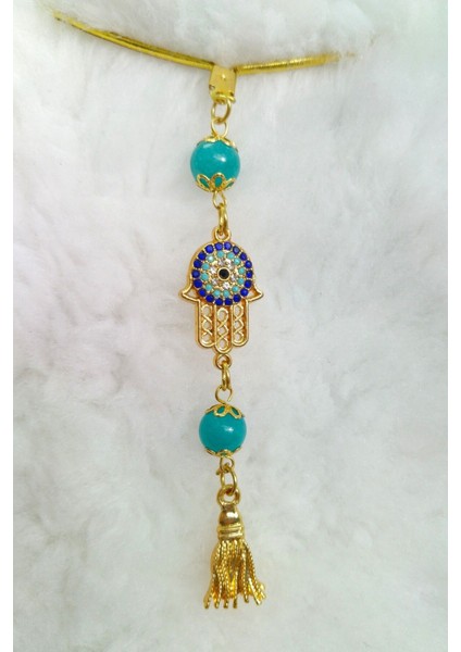 Parlak Taşlı Nazar Fatıma Eli Araba Dikiz Ayna Süsü, Püsküllü Turkuaz Taşlı Lüks Yeni Araba Hediyesi