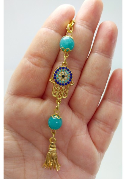 Parlak Taşlı Nazar Fatıma Eli Araba Dikiz Ayna Süsü, Püsküllü Turkuaz Taşlı Lüks Yeni Araba Hediyesi fiyatları