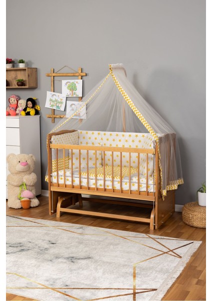 Ahşap Beşik Anne Yanı Beşik (Vernikli) 60X120 - Sarı Yıldız Tek Yastık Uyku Seti + Yatak fiyatları