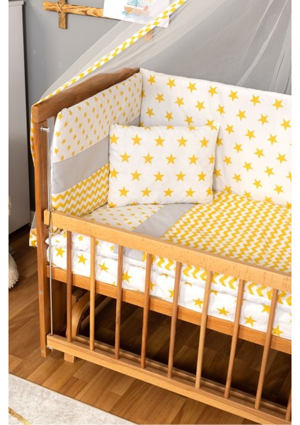 Ahşap Beşik Anne Yanı Beşik (Vernikli) 60X120 - Sarı Yıldız Tek Yastık Uyku Seti + Yatak modelleri