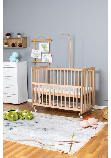 Ahşap Beşik Anne Yanı Beşik Organik 70X130 - Uyku Setsiz Tek Yataklı + Tekerlekli