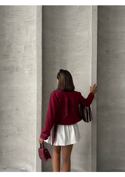 Bordo Püsküllü Droplu Mont modelleri