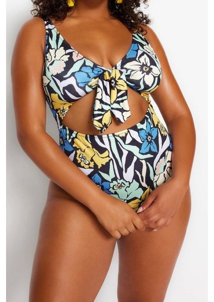 Büyük Beden Atma Kap Suya Dayanıklı Askılı Derin V Yaka Bağlama Detaylı Floral Desenli Mayo fiyatları