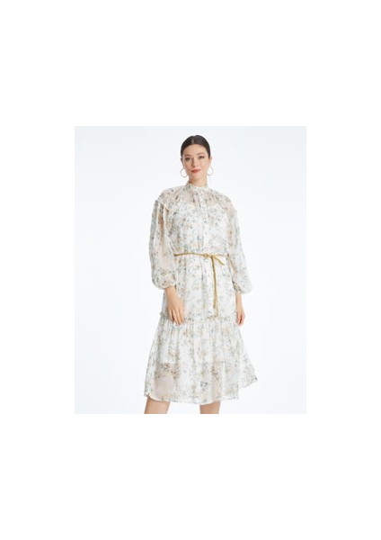 Çiçekli Kadın Elbise - Uzun Kollu - Düğme Detaylı - Şık ve Zarif Tasarım - Günlük ve Özel Gün Için Elbise