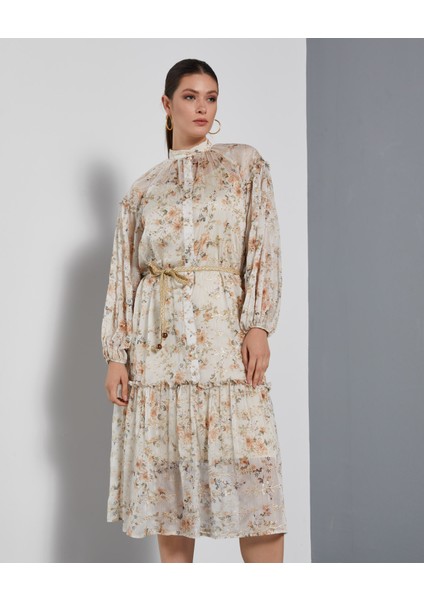 Çiçekli Kadın Elbise - Uzun Kollu - Düğme Detaylı - Şık ve Zarif Tasarım - Günlük ve Özel Gün Için Elbise
