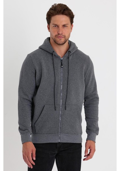 Erkek Tam Fermuarlı Kapüşonlu Yandan Cepli Sweatshirt